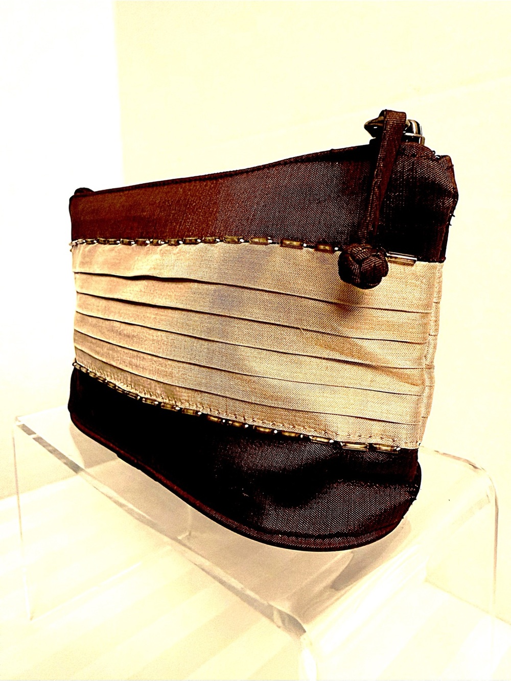 Clare V Satin Cosmetic Pouch Makeup Bag Brown Champagne Pleated Trim